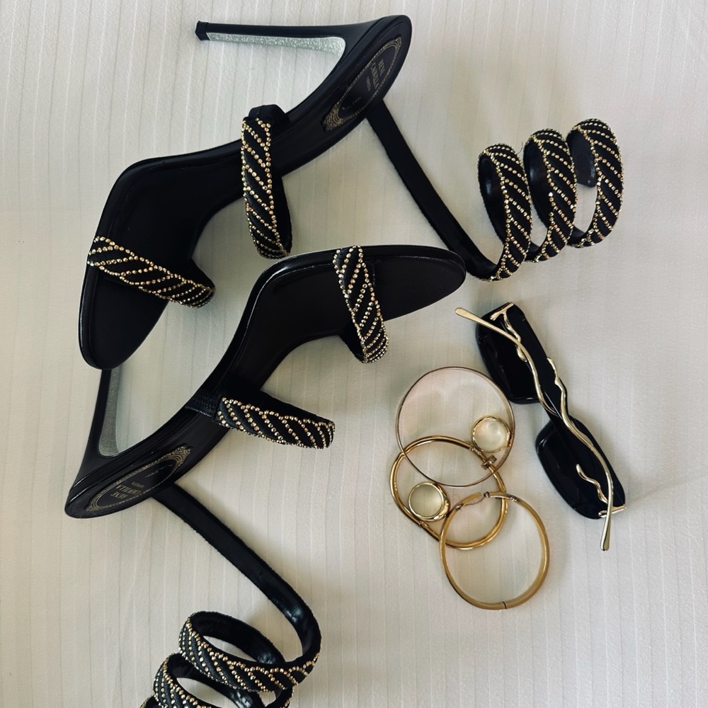 Rene Caovilla heels satin design embellished with gold crystals